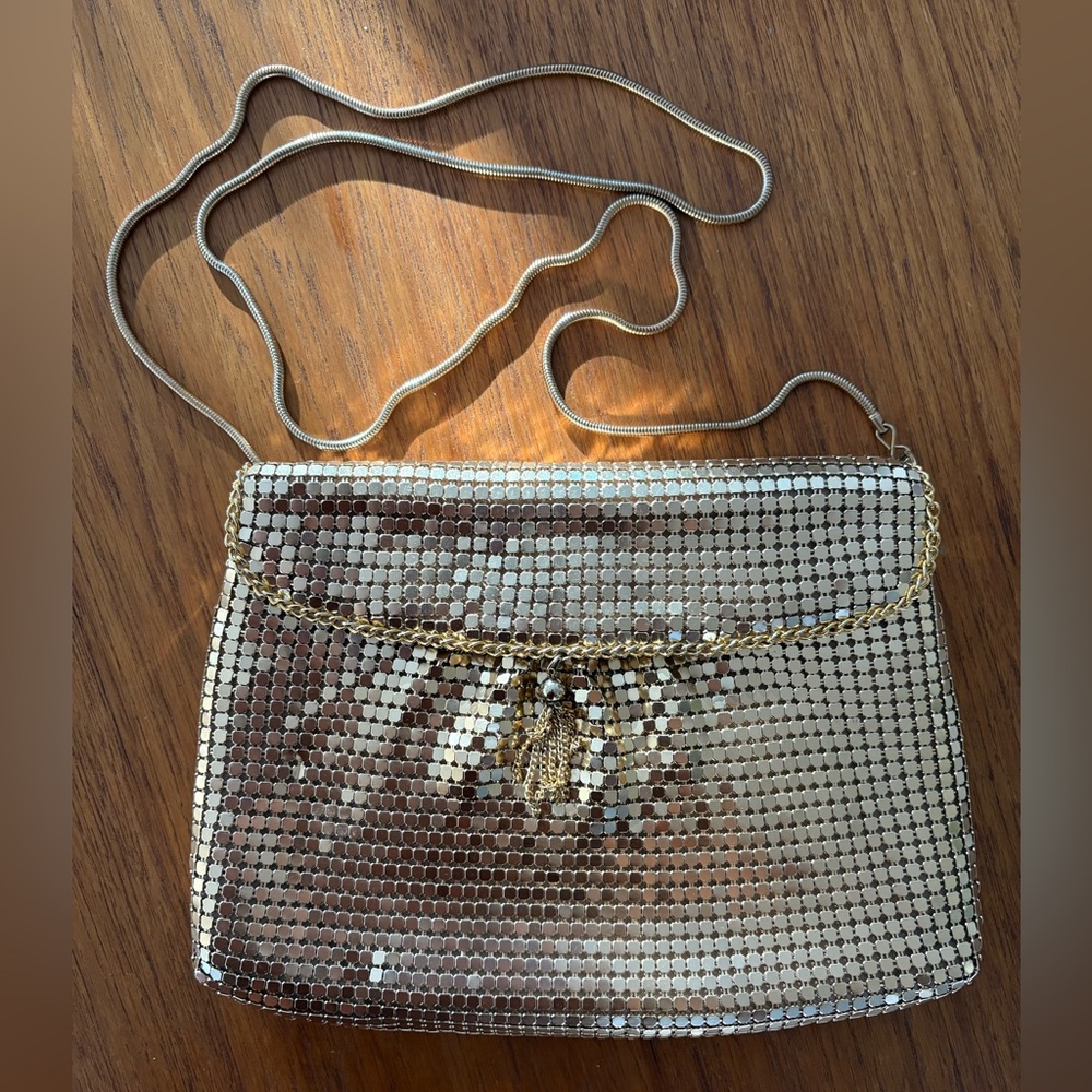 Vintage gold chainmail metal purse with long metal strap